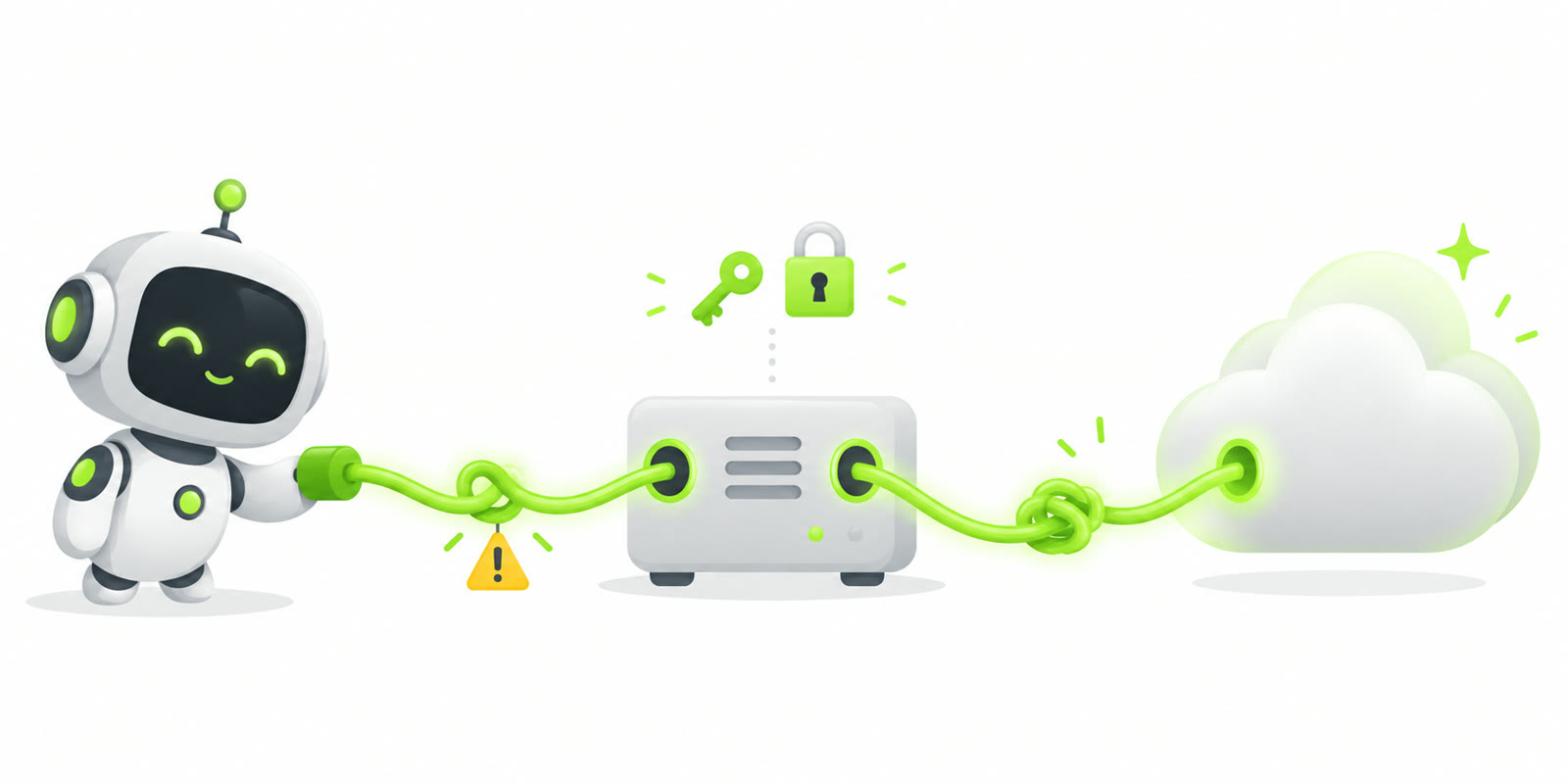 A friendly white robot plugs a lime-green cable into a small gateway box with a key and padlock above it, which connects on to a glowing cloud, with a knotted cable and a warning sign along the way