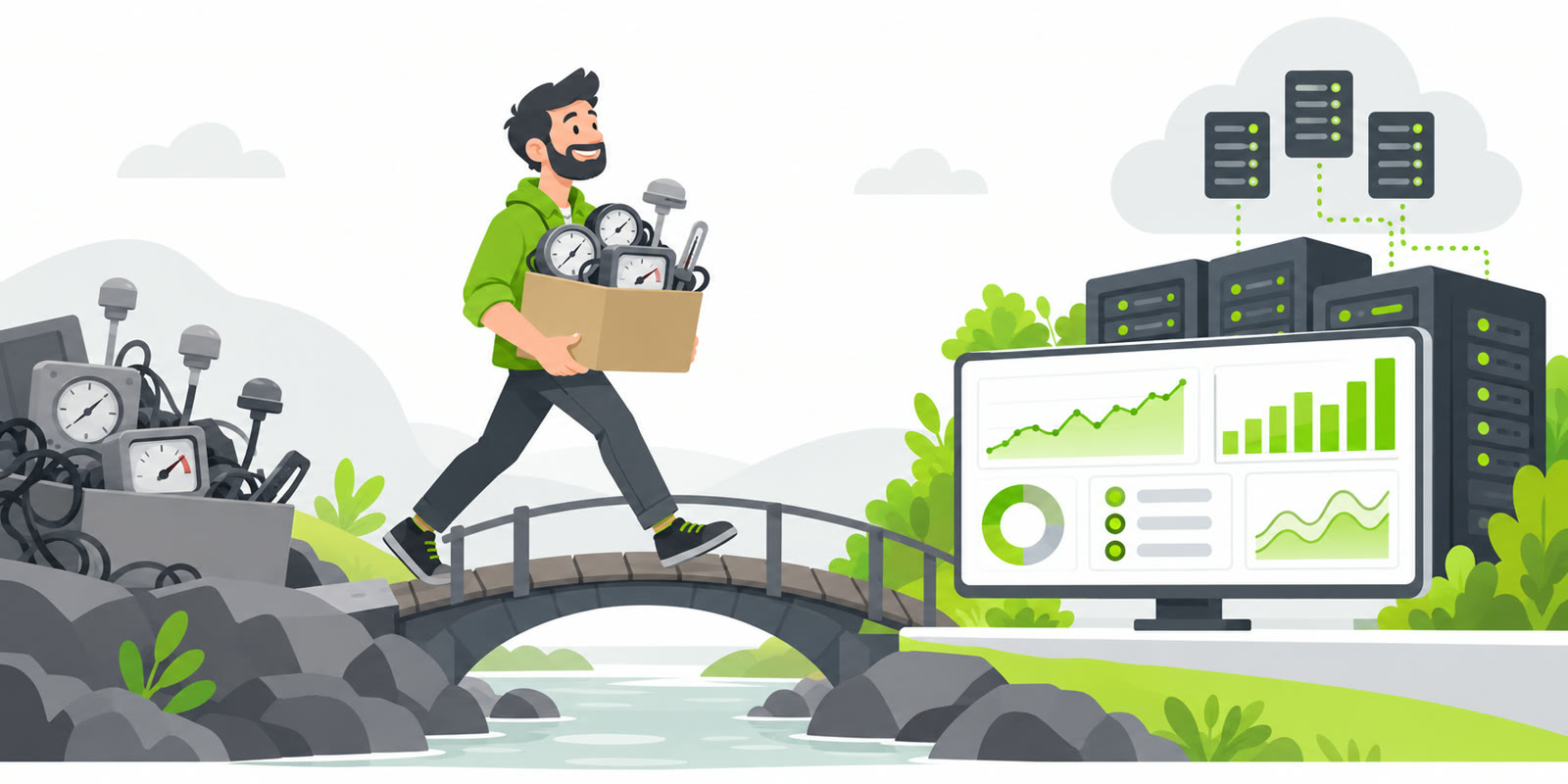 A smiling sysadmin carries a box of old analog gauges across a bridge toward a bright monitoring dashboard with green charts, server racks and a small cloud cluster