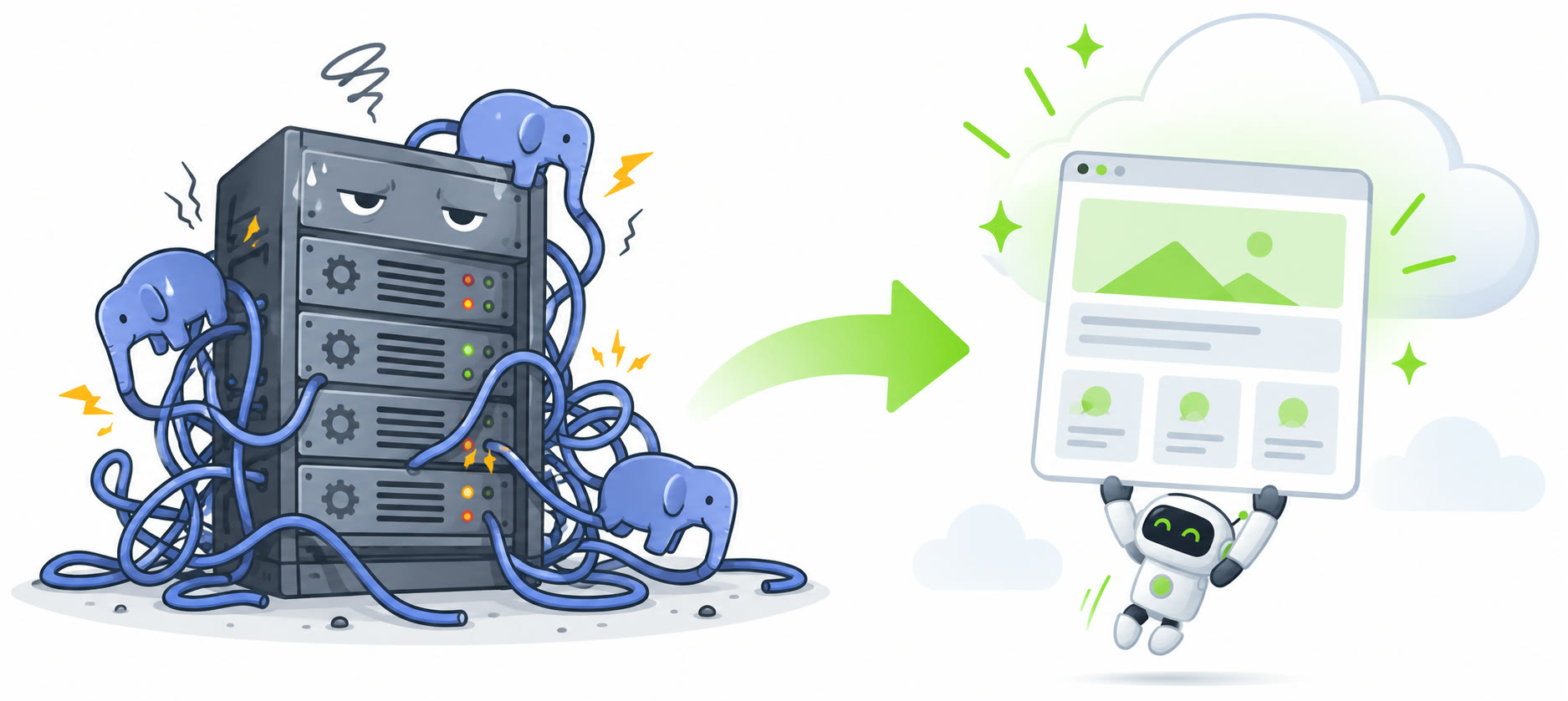 A stressed server tangled in PHP cables hands over to a happy robot carrying a clean static web page into the cloud