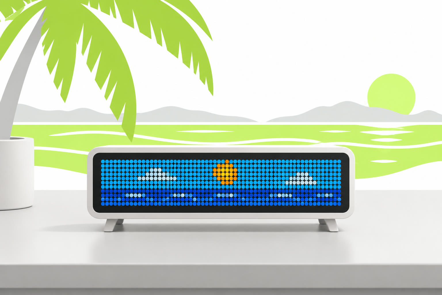 A white LED pixel clock on a desk showing a pixel-art sun over a blue sky, with a lime-green palm tree and stylized sea waves behind it