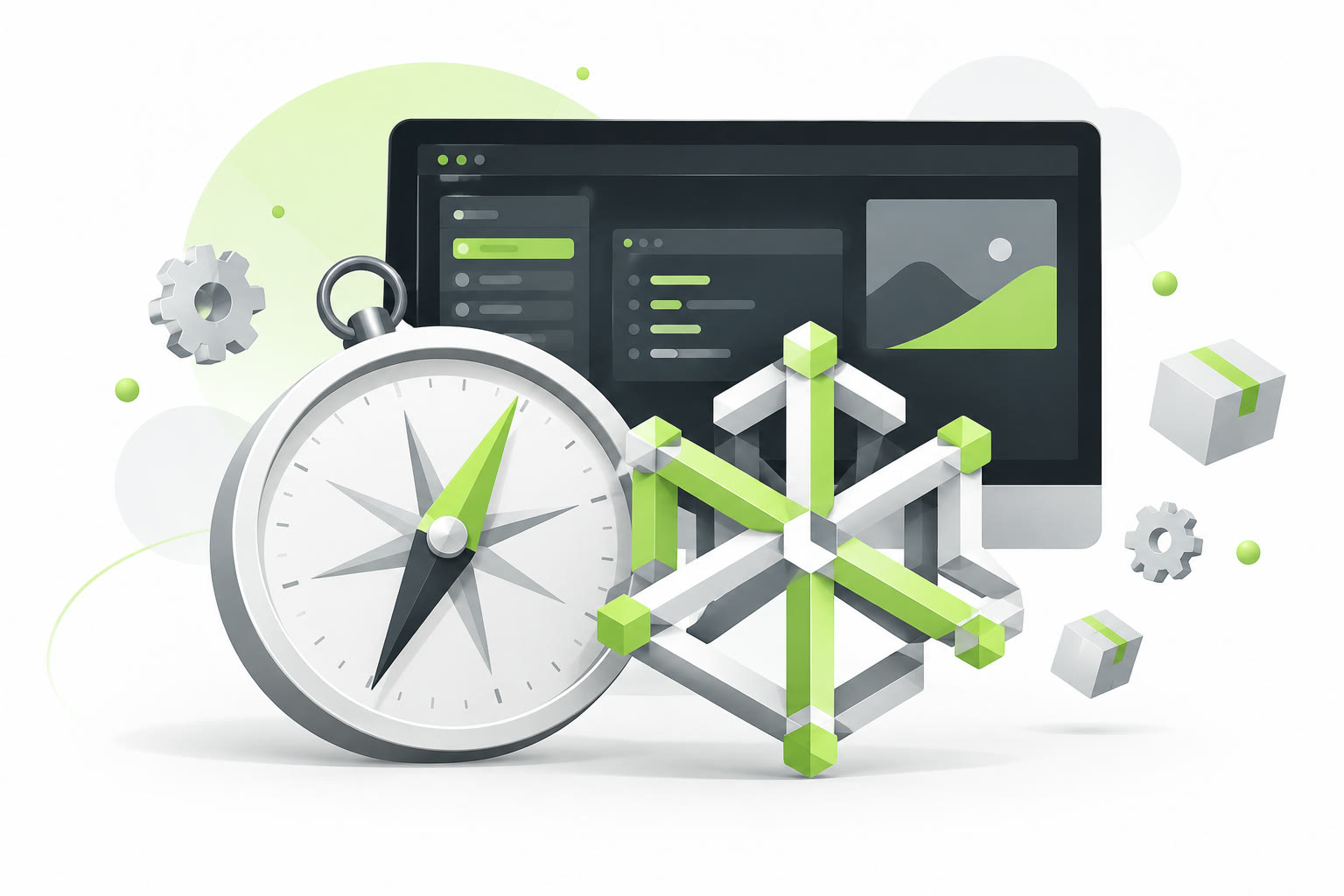 Flat illustration of a dark-themed desktop monitor with a large compass and a snowflake-like hexagonal lattice in front of it, in white, gray and lime green