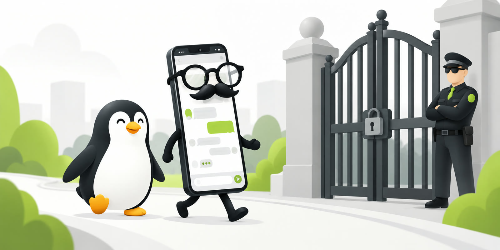 A smartphone in a mustache-and-glasses disguise walks with a Linux penguin past a locked, guarded gate while showing a chat app