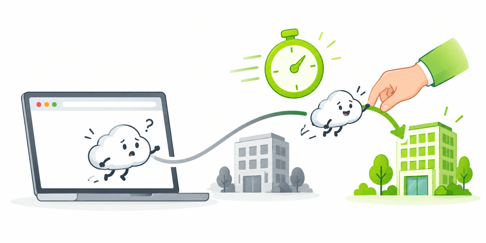 Confused browser cloud being redirected away from the wrong building to the right one, with a stopwatch
