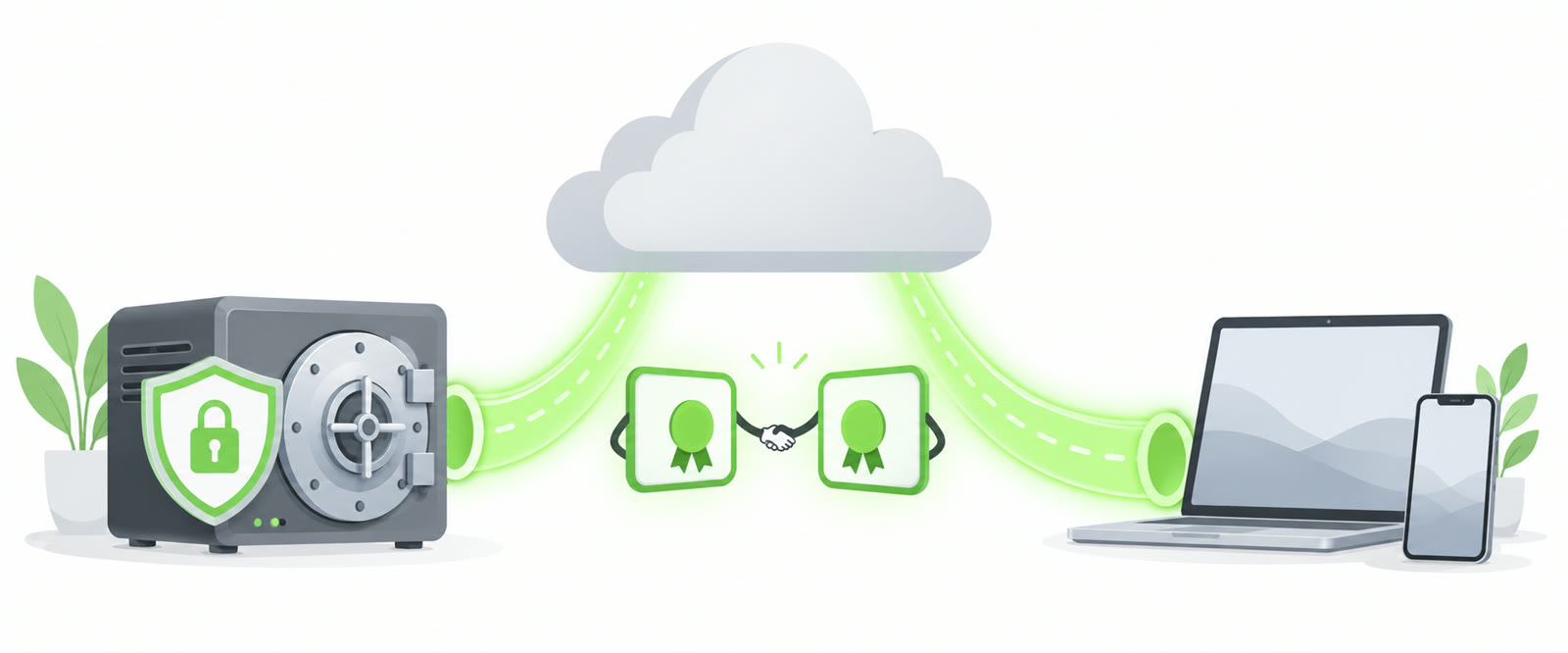 Home vault server connected through a secure tunnel to the cloud with two certificates shaking hands