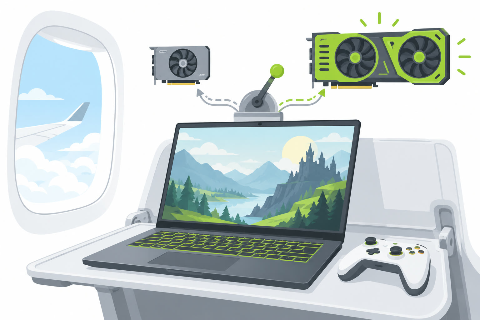 Gaming laptop on an airplane tray with a switch choosing between two graphics cards